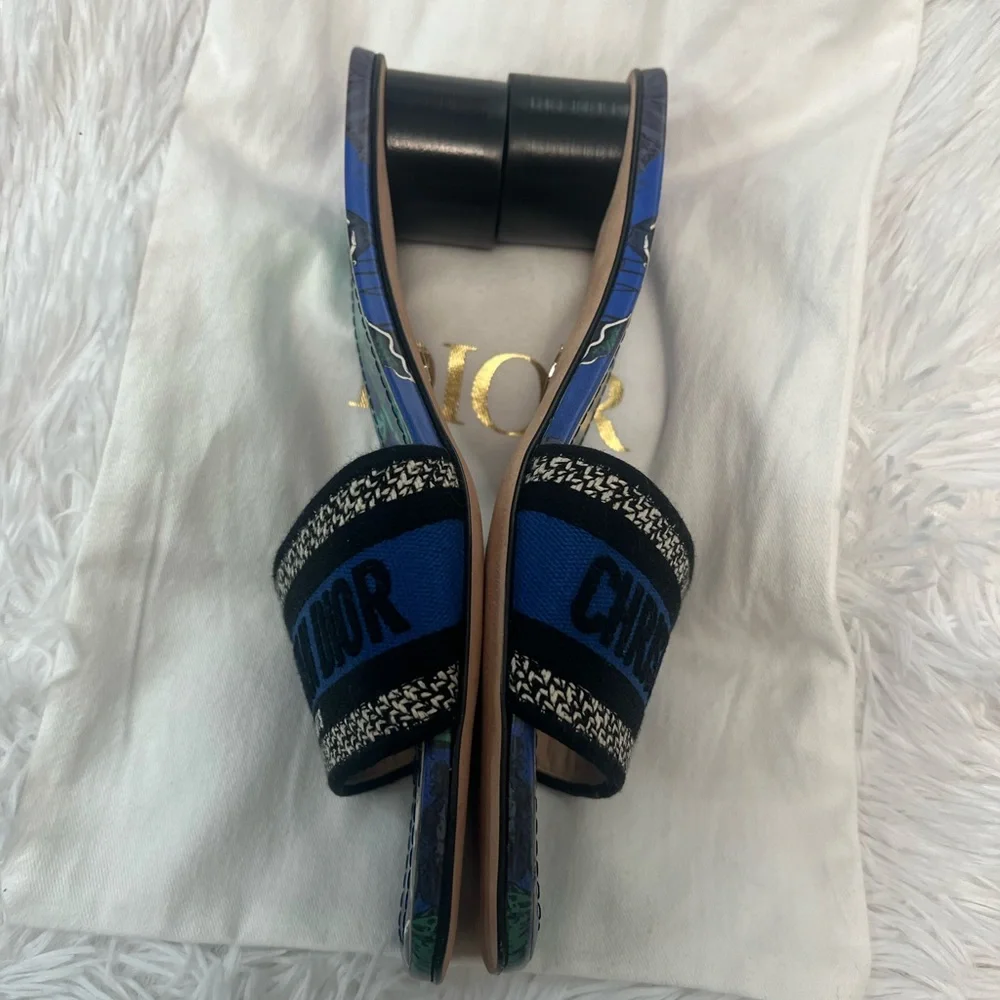 Dior Dway Heeled Slide Blue & Black Embroidered Cotton - Picture 11 of 12